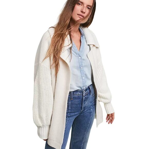 Anthro Sleeping On Snow Collared Cardigan Alpaca Wool Blend  Ivory Cream Women's - Picture 1 of 8